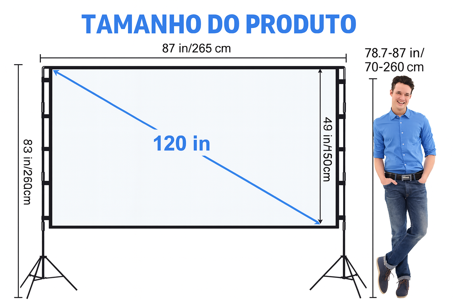 Medidas da tela de projeção de 120 polegadas com estrutura